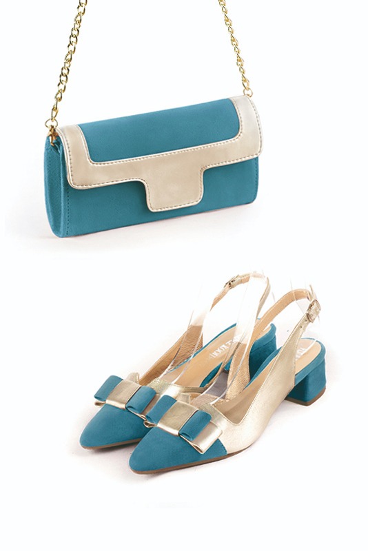 Women's peacock blue and gold luxurious elegant clutch for ceremonies, weddings and evenings out. - Worn view